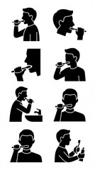 Obraz premium Minimalist black silhouette vector icon set showing a person brushing teeth as part of an everyday lifestyle routine, isolated on white background.