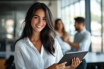 Obraz premium Confident professional woman holding a tablet in a modern glass-walled office while two blurred colleagues talk in the background, focused and poised