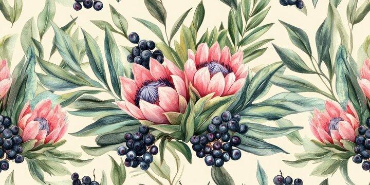 hand-painted watercolor floral pattern of pink protea blooms, dark berry clusters and green leaves on a soft cream background, serene elegant botanical design