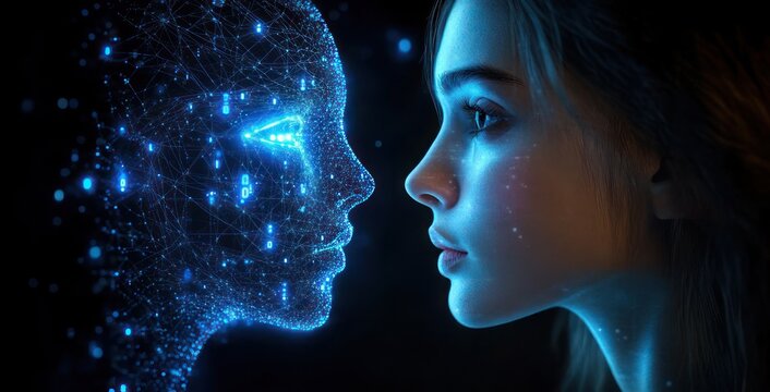young woman and glowing holographic digital face meet in profile, blue wireframe network of data points and lines conveying curiosity and quiet connection
