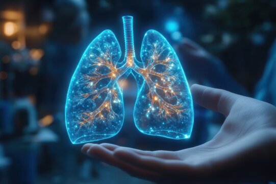 Glowing holographic lungs with illuminated bronchial network floating above an outstretched hand in a dim room, conveying wonder, care, and futuristic medical innovation