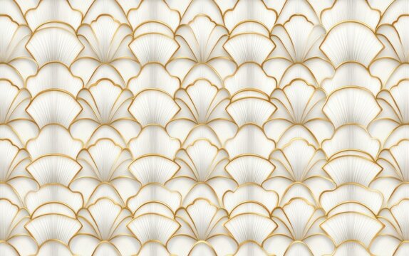 overlapping white fan-shaped scallop shells with fine gold outlines and soft shadows creating an elegant serene decorative pattern