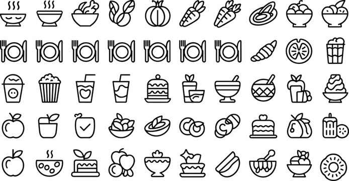 Minimalist black line icons collection for cafe menus grocery shopping online ordering recipe blogs and nutrition tracking applicationsMinimalist black line icons collection for cafe menus grocery sho