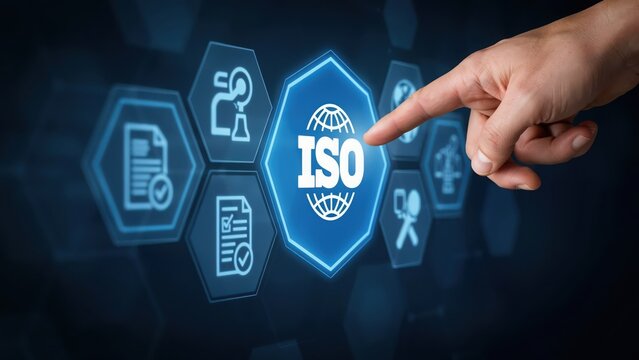Person finger touching iso standard certification button on a digital interface