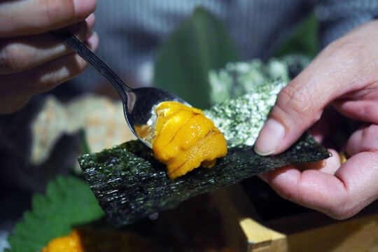 Place fresh sweet uni sashimi over sheet of dried seaweed