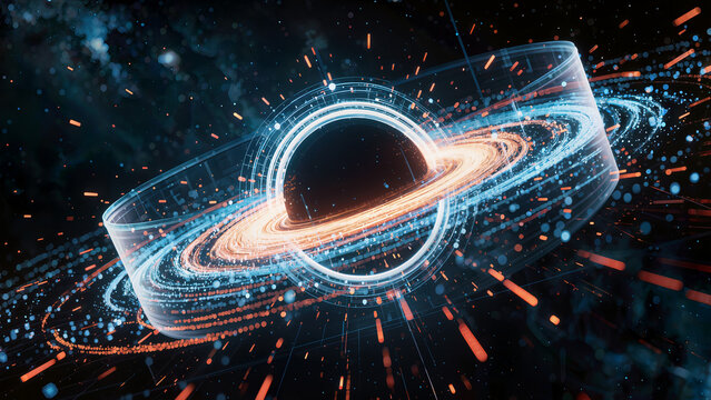Black Hole Anomaly: An abstract visualization depicts a mesmerizing black hole, with swirling accretion disk and energetic particle jets.