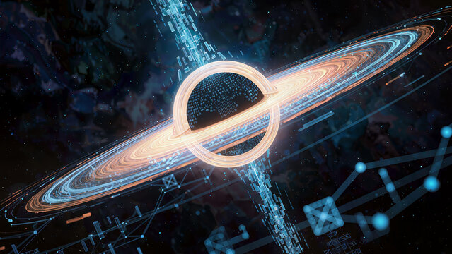 Black Hole Accretion Disk: An artistic visualization of a black hole with a swirling accretion disk of superheated gas, illustrating the immense gravitational forces and cosmic phenomena.