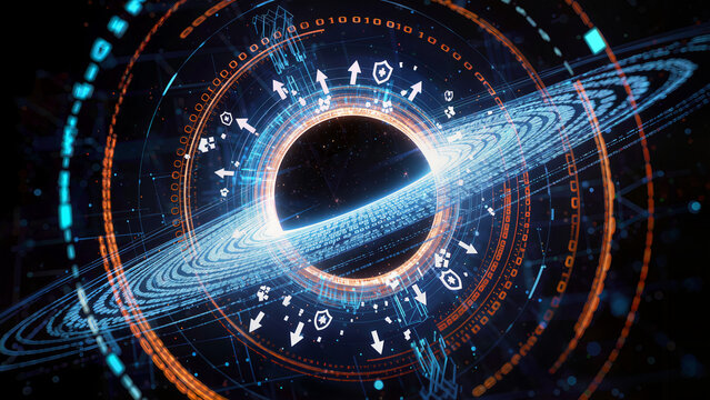 Digital Vortex: A mesmerizing digital vortex with glowing rings and intricate data streams symbolizes the power of technology and information.