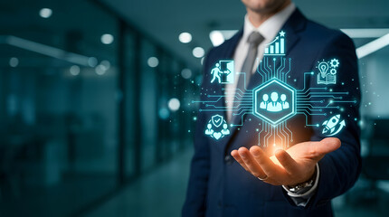Fototapeta premium Enterprise Business Network Concept Showing Businessman Holding Digital Workflow and Team Connectivity Hologram