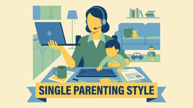 Single Mother Juggling Work Laptop And Toddler At Home Illustrating Single Parenting Style