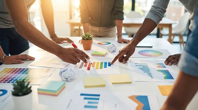 Creative marketing group discussing colorful graphs and color palette wheel at office table with sticky notes