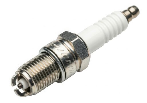 Close-up of car spark plug on metal surface isolated on white background