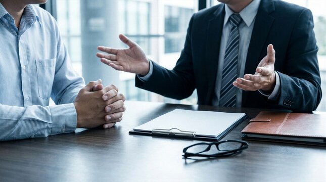Professional financial advisor explaining investment options to a client during an office desk consultation