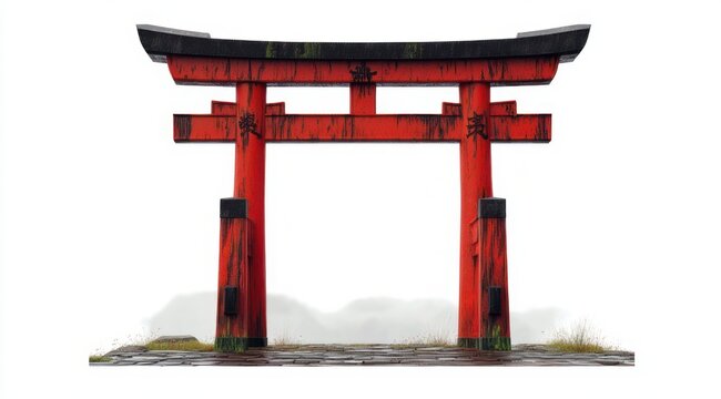 weathered red torii gate on a cobblestone path with moss and grasses, misty background conveying calm, spiritual and contemplative mood