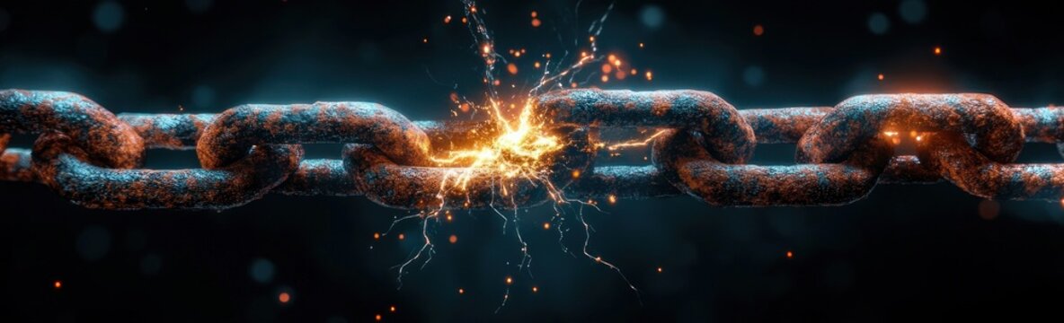Rusty metal chain mid-break with sparks and glowing fracture, dramatic tension and imminent failure