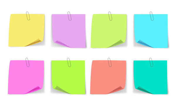 Sticky note with pin clip and a bent corner, post it note paper, memo reminder, sticky paper note. Isolated Sticky Note Illustration Set multicolor Memo Paper Collection with Tape Clip and Fold