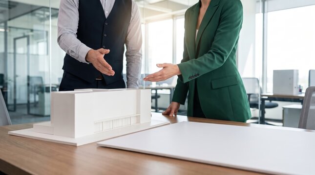 Professional Business Team Standing by White Architectural Model in Corporate Office for Real Estate Development, Modern Architecture Presentation, and Collaborative Workplace Teamwork Concept