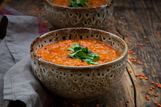 Red lentil soup with paprika, ginger and coconut milk and coriander