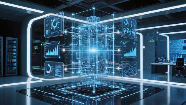 Futuristic Data Hub: A glowing, intricate cube of digital information pulses at the center of a modern, high-tech room, displaying charts and analytics on surrounding screens.