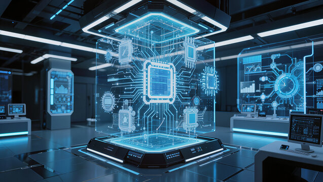 Futuristic Quantum Computing Lab: A cutting-edge quantum computing laboratory showcases an illuminated central processor surrounded by holographic displays and advanced technology.