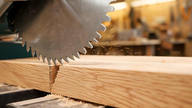 Wood cutting with circular saw in workshop
