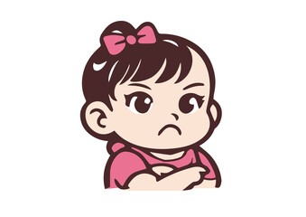 Cute Angry Baby Girl Cartoon Avatar Flat Vector Illustration with Crossed Arms