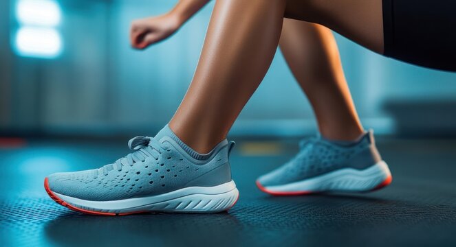 Close-up of toned legs in light blue training shoes performing a lunge on a gym floor, focused and energetic workout moment