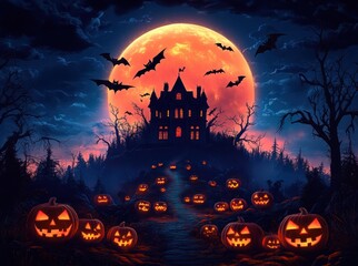 Fototapeta premium silhouetted haunted house on a hill beneath a giant orange full moon, glowing carved jack-o'-lanterns lining a foggy path, bats flying through a dark eerie sky, spooky and ominous mood
