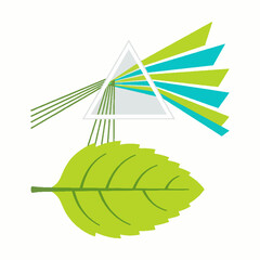 Naklejka premium Conceptual illustration of light refraction through a glass prism onto a green leaf.