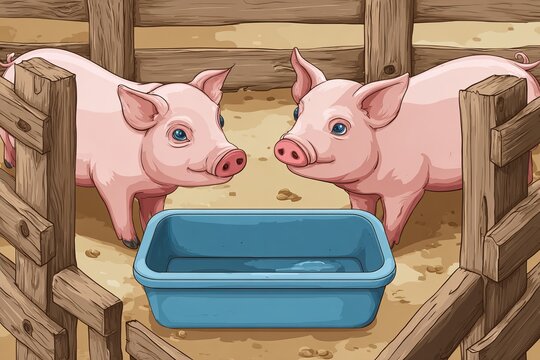 Charming cartoon of two pink pigs in a wooden fence pen with a blue feeding trough