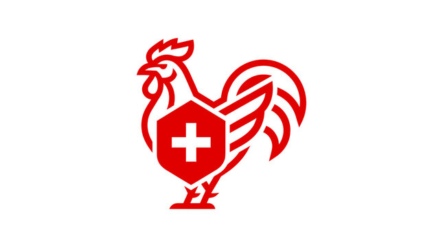 Red rooster logo with shield and Swiss cross.