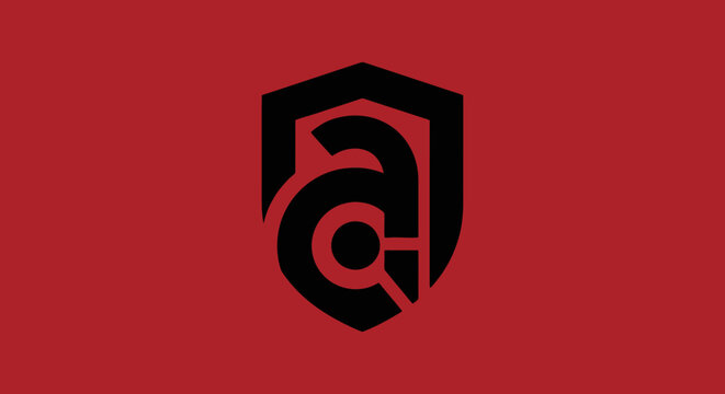 Red shield emblem with minimalist letter A monogram design.