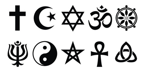 Fototapeta premium A collection of religious and spiritual symbols in black and white, representing different faiths and beliefs