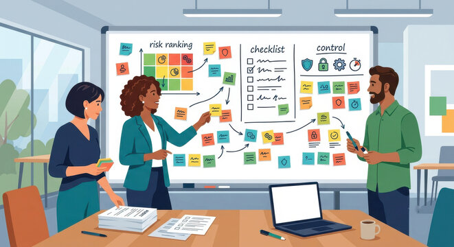 Colleagues at a whiteboard prioritizing a risk register with sticky notes and traffic‑light ratings.