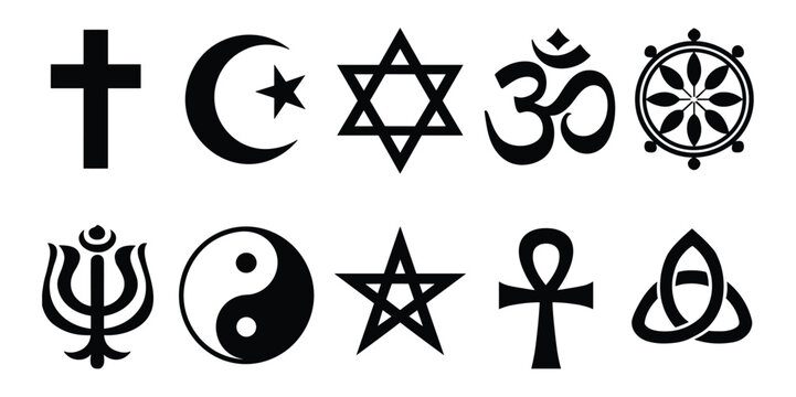 A collection of religious and spiritual symbols in black and white, representing different faiths and beliefs