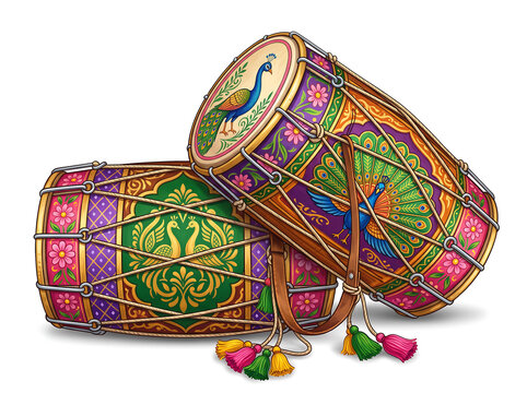 Two hand-painted Indian dhol drums with vibrant Punjabi floral and peacock feather patterns