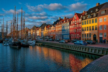 Obraz premium Picturesque historic canal with colorful townhouses and traditional sailing ships at golden sunset