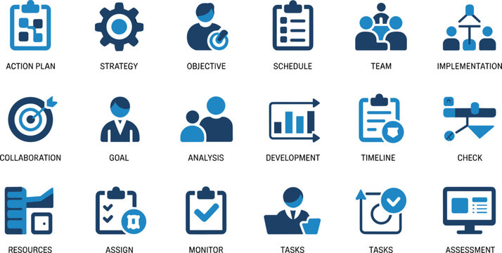  Minimalist blue corporate icons collection for workforce optimization task assignment data analysis implementation and performance Minimalist blue corporate icons collection for workforce optimizatio