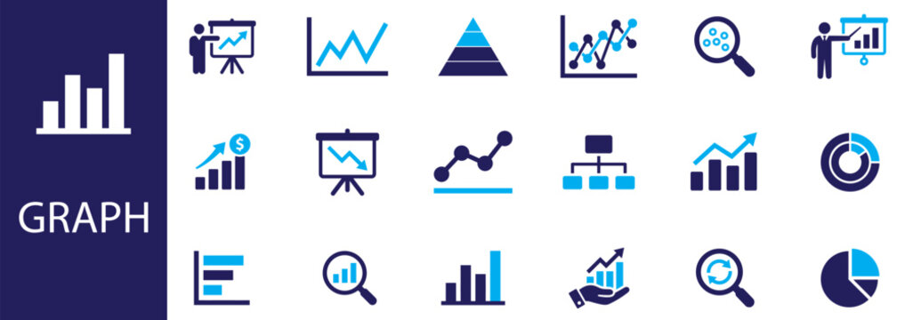 Graph and Data Analytics solid icon set. Includes symbols for Statistics, Business Growth, and Financial Charts. Solid vector icons for market report
