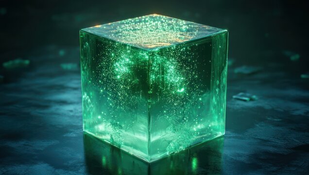 glowing translucent green cube filled with swirling sparkling particles on a reflective wet surface, emitting a mysterious futuristic and otherworldly mood