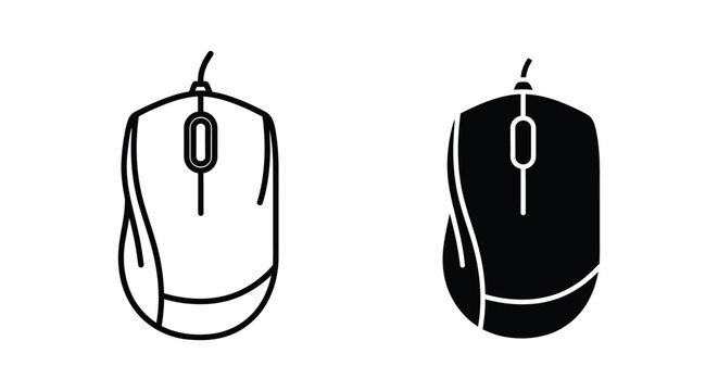 Computer mouse icon, vector illustration of a wired mouse, simple line art and solid black silhouette design isolated on white background