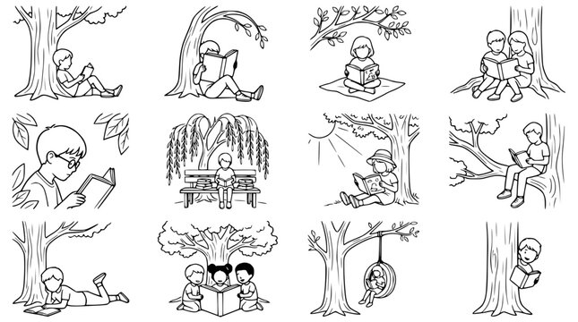 Children reading books outdoors under trees, collage of 12 illustrations