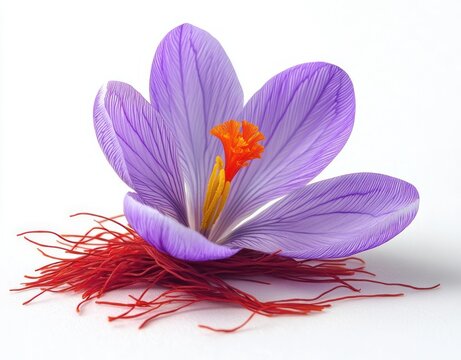 delicate purple crocus bloom with vivid orange stigma resting on a nest of red saffron threads on a clean white background, elegant and serene