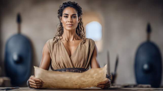 Deborah standing over ancient parchment on a wooden table in a biblical scene of leadership and strategy