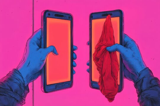 two blue gloved hands holding facing smartphones with orange glowing screens, one wiping the other with a red cloth against a vivid pink background &mdash; surreal uneasy intimacy