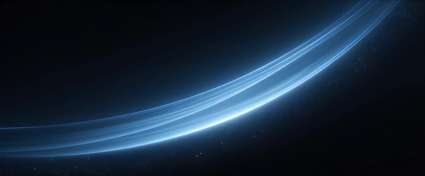 Abstract technology background in dark space with blue glow light streak wave and curve, blue gradient curved light arc, subtle particle glow for calm modern banner header wallpaper design