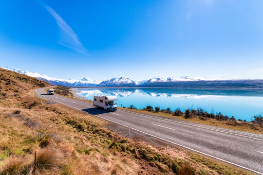 New Zealand, South Island, Motor home driving along highway surrounding Lake Pukaki