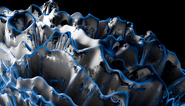 Abstract 3d rendering of metallic blue waves and rough texture