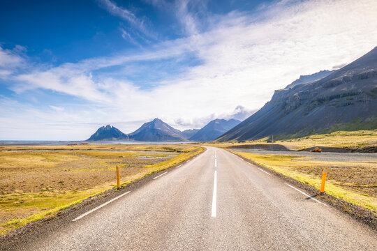 Empty road Route 1 leading to Vestrahorn mountains in Iceland