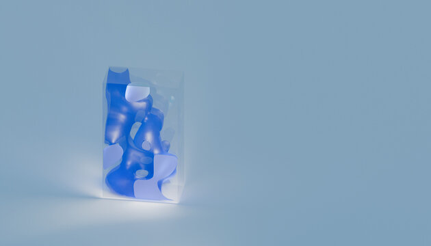 Glowing blue abstract 3D sculpture with copy space